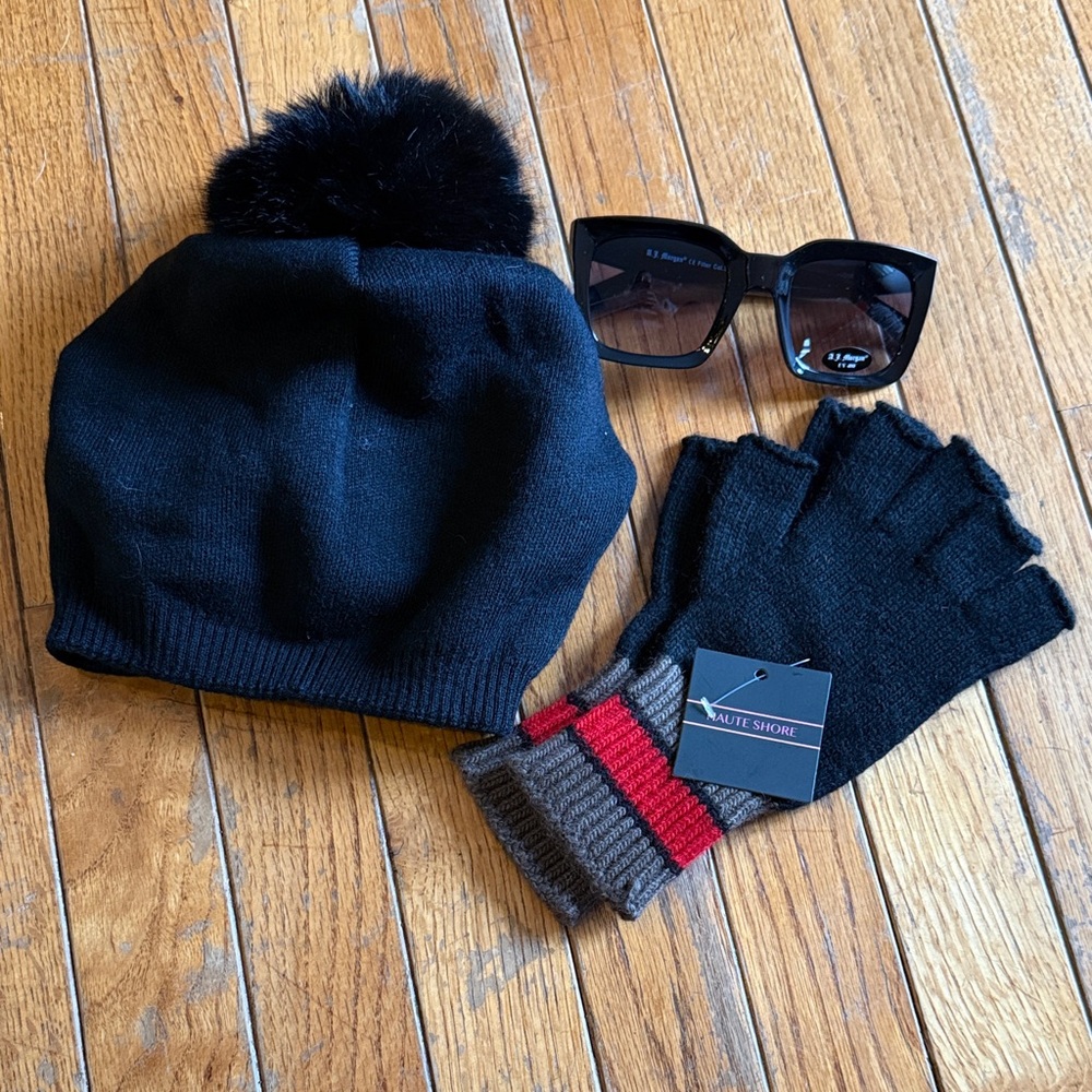 Black Knit Beanie with Pom-Pom and Fingerless Gloves Set